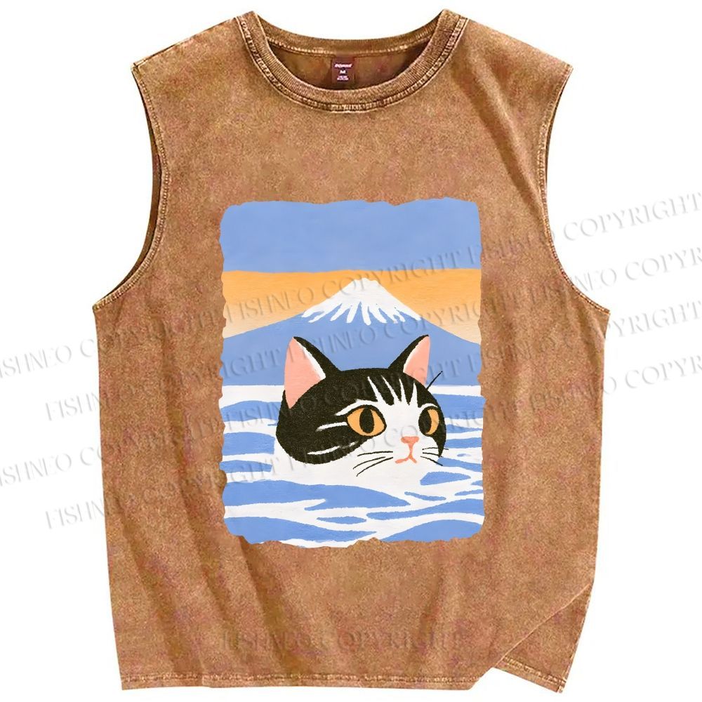 Unisex Cat With Mount Fuji Printed Washed Tank Top
