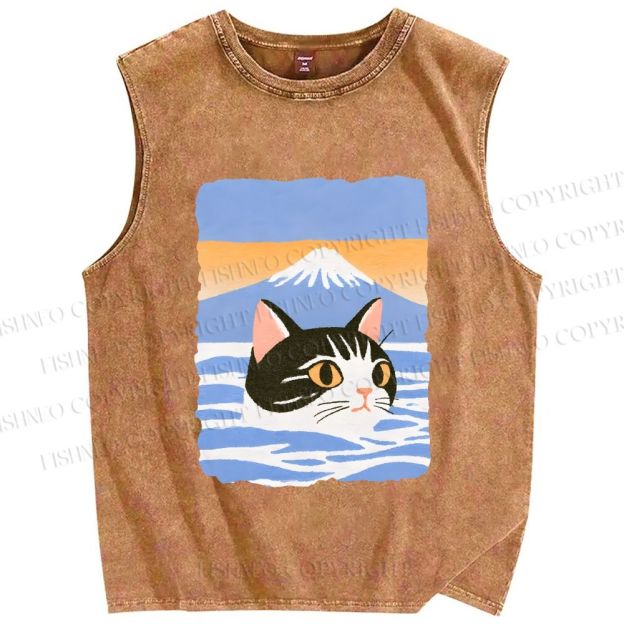 Unisex Cat With Mount Fuji Printed Washed Tank Top