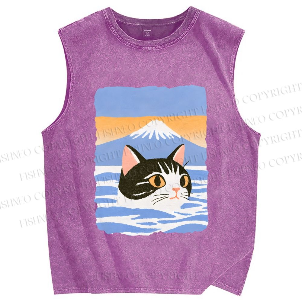 Unisex Cat With Mount Fuji Printed Washed Tank Top