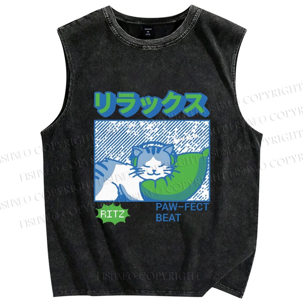 Unisex Cozy Cat Listening to Music Printed Washed Tank Top