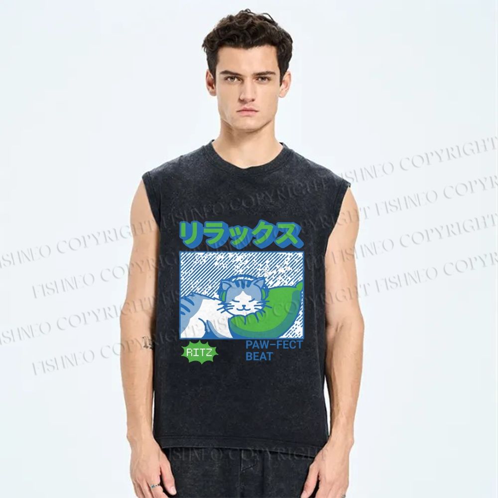 Unisex Cozy Cat Listening to Music Printed Washed Tank Top