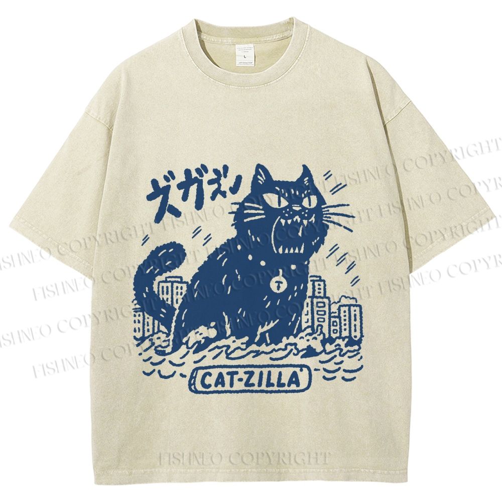 Unisex Catzilla Printed Washed Tee