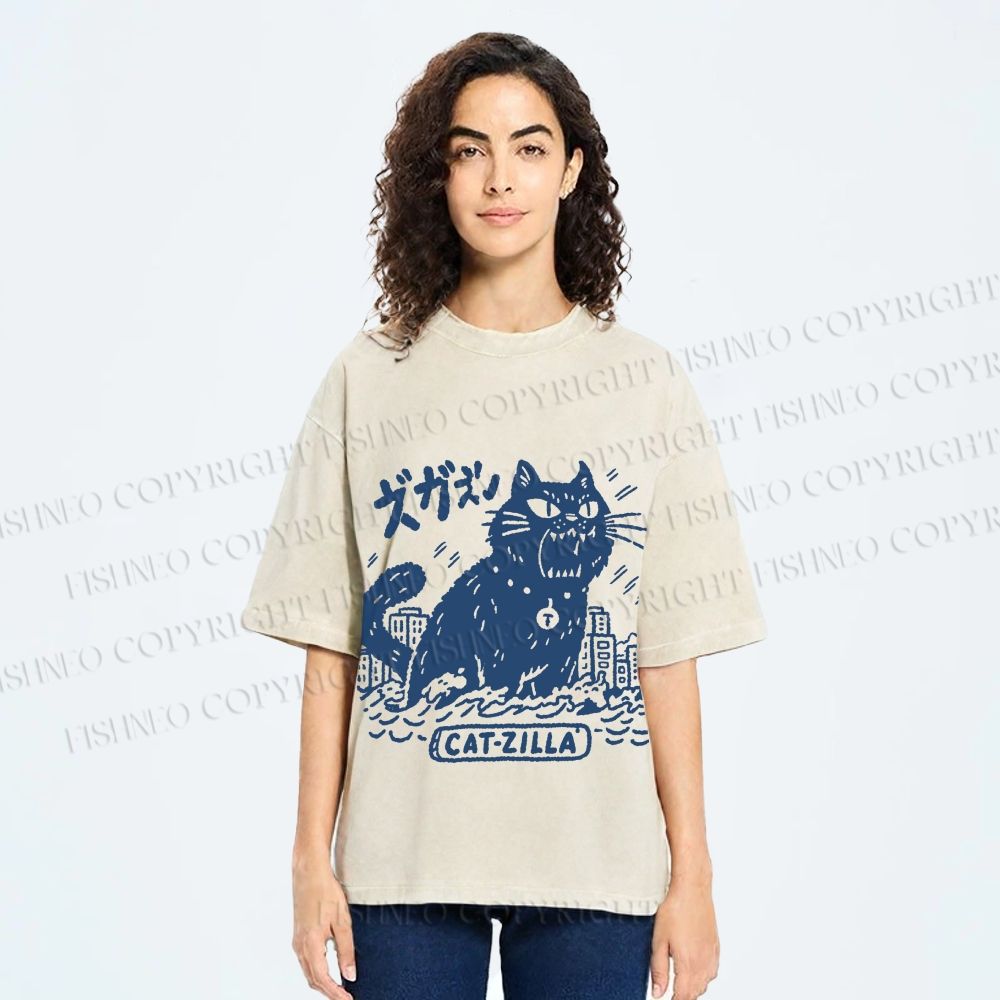 Unisex Catzilla Printed Washed Tee