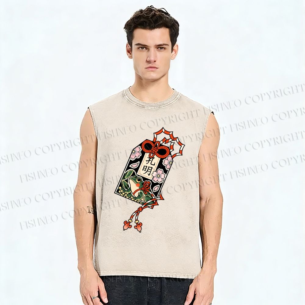 Unisex Vintage Japanese Frog Printed Washed Tank Top