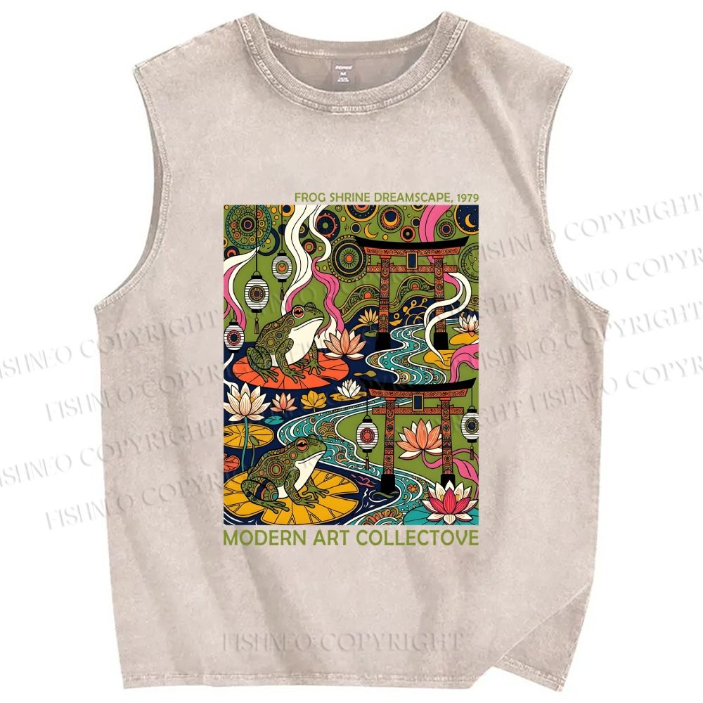 Unisex Vintage Japanese Frog Poster Printed Washed Tank Top