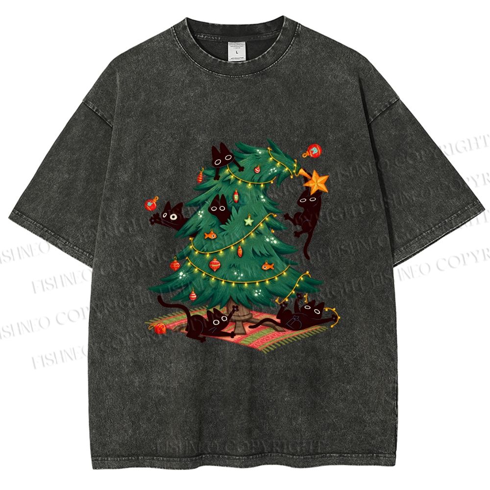 Unisex Black Cats Playing Around Christmas Printed Washed Tee