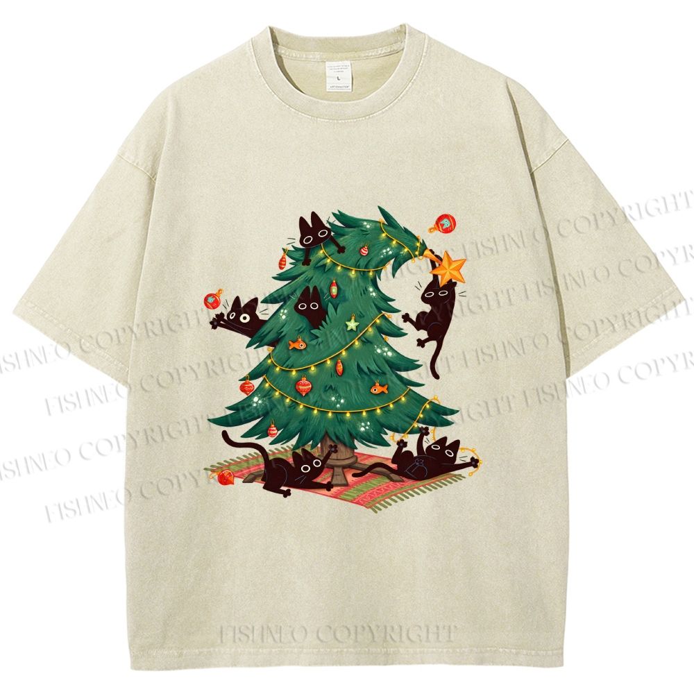 Unisex Black Cats Playing Around Christmas Printed Washed Tee