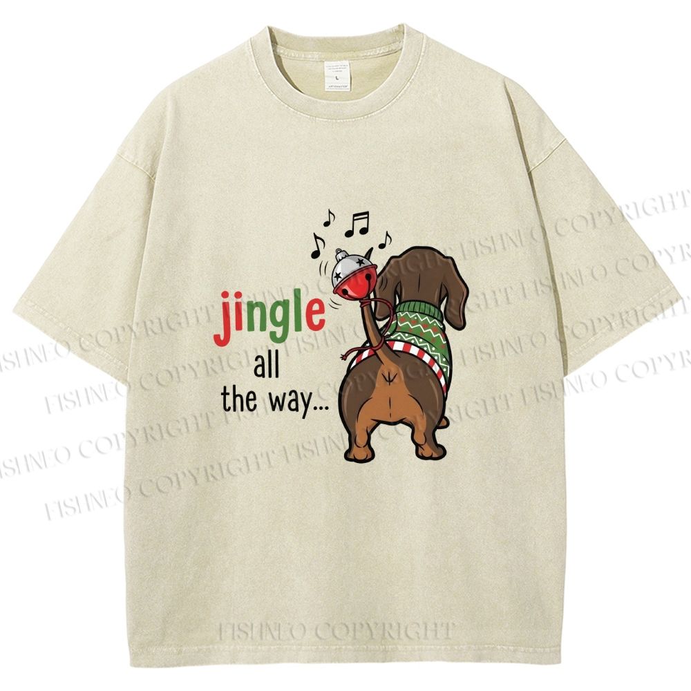 Unisex Christmas Funny Dachshund Jingle All the Way Printed Washed Tee