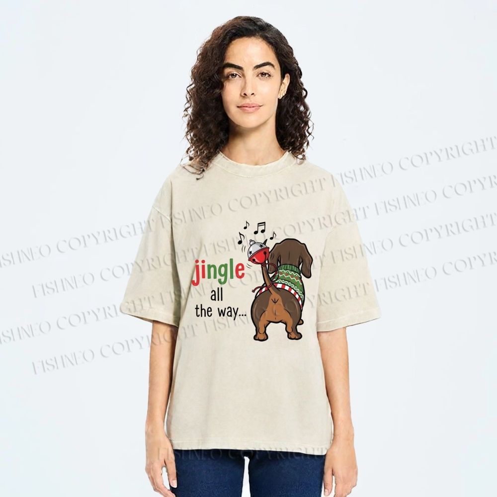 Unisex Christmas Funny Dachshund Jingle All the Way Printed Washed Tee