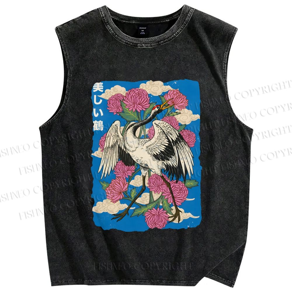 Unisex Vintage Crane With Flowers Printed Washed Tank Top