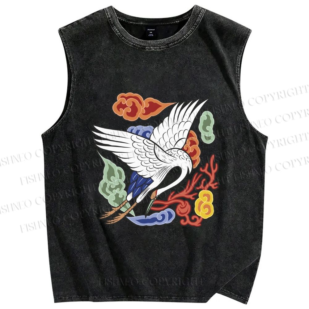 Unisex Crane in Clouds Printed Washed Tank Top