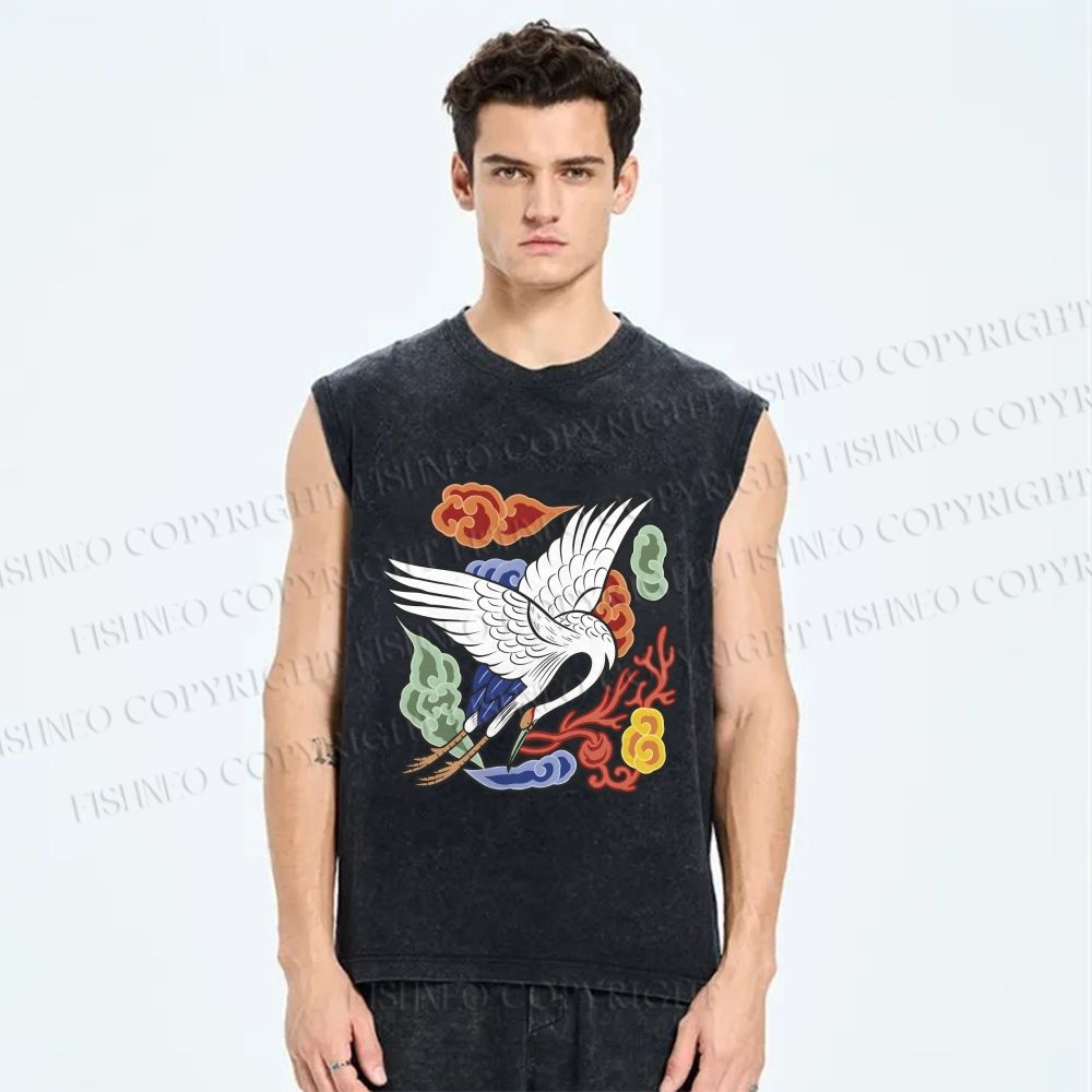 Unisex Crane in Clouds Printed Washed Tank Top