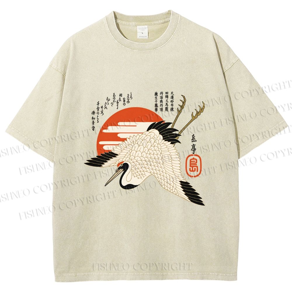 Unisex Japanese Vintage Crane Printed Washed Tee
