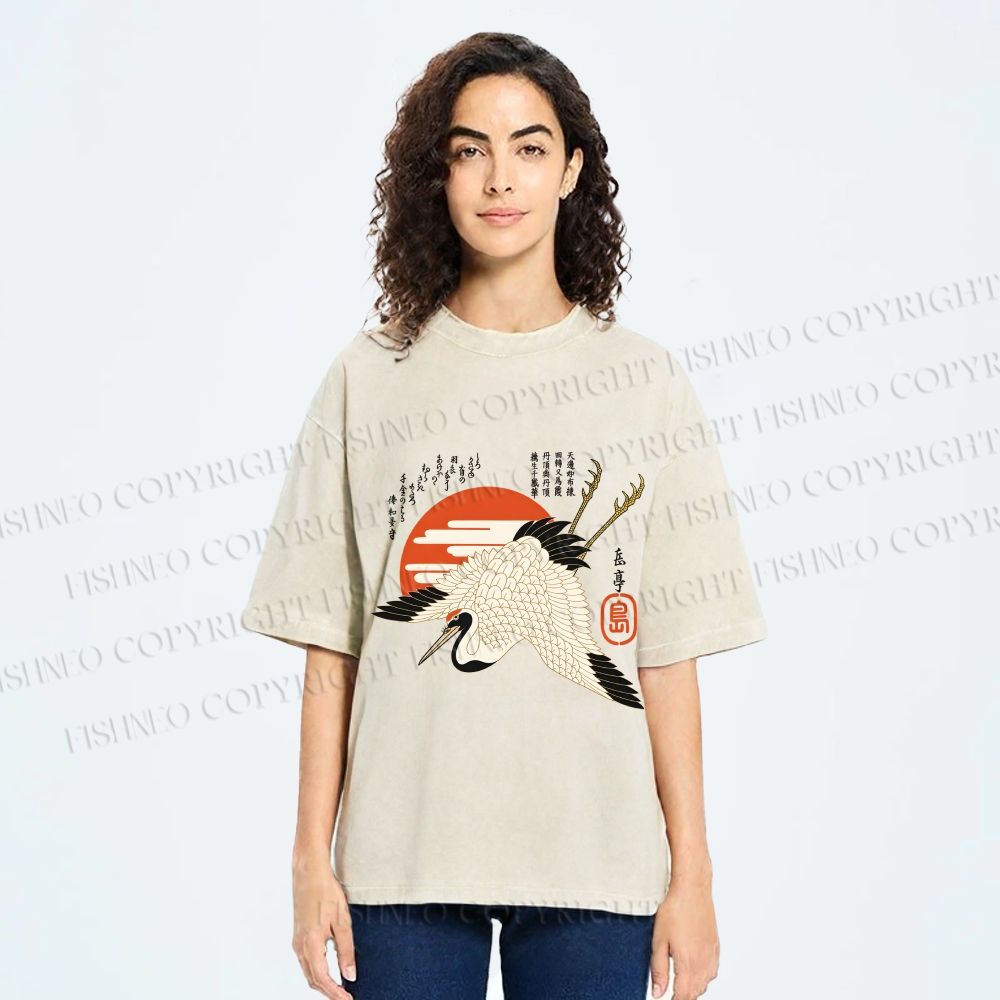 Unisex Japanese Vintage Crane Printed Washed Tee
