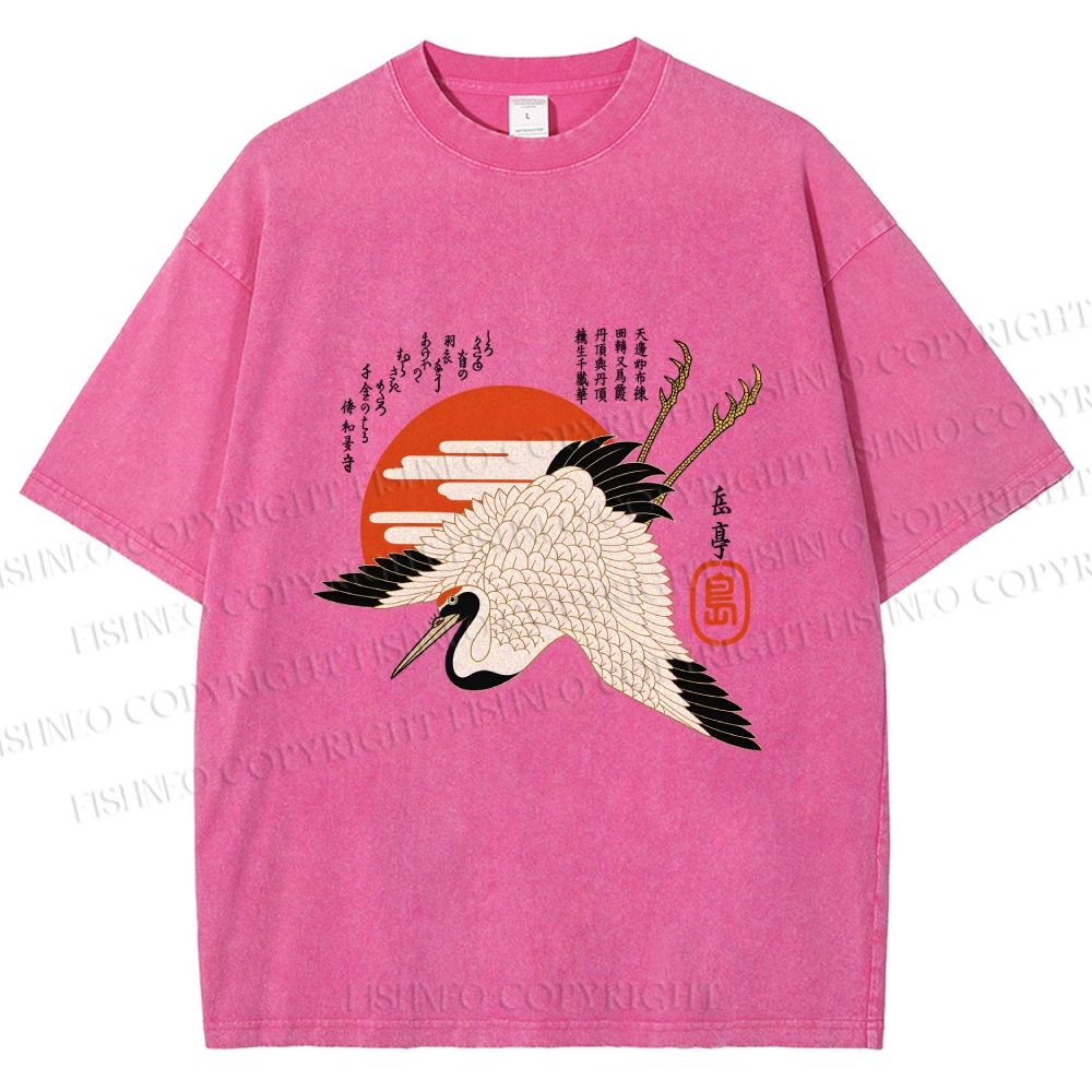 Unisex Japanese Vintage Crane Printed Washed Tee