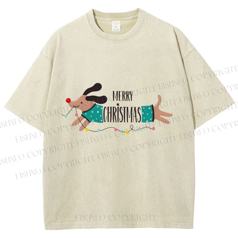 Unisex Dachshund Merry Christmas Printed Washed Tee