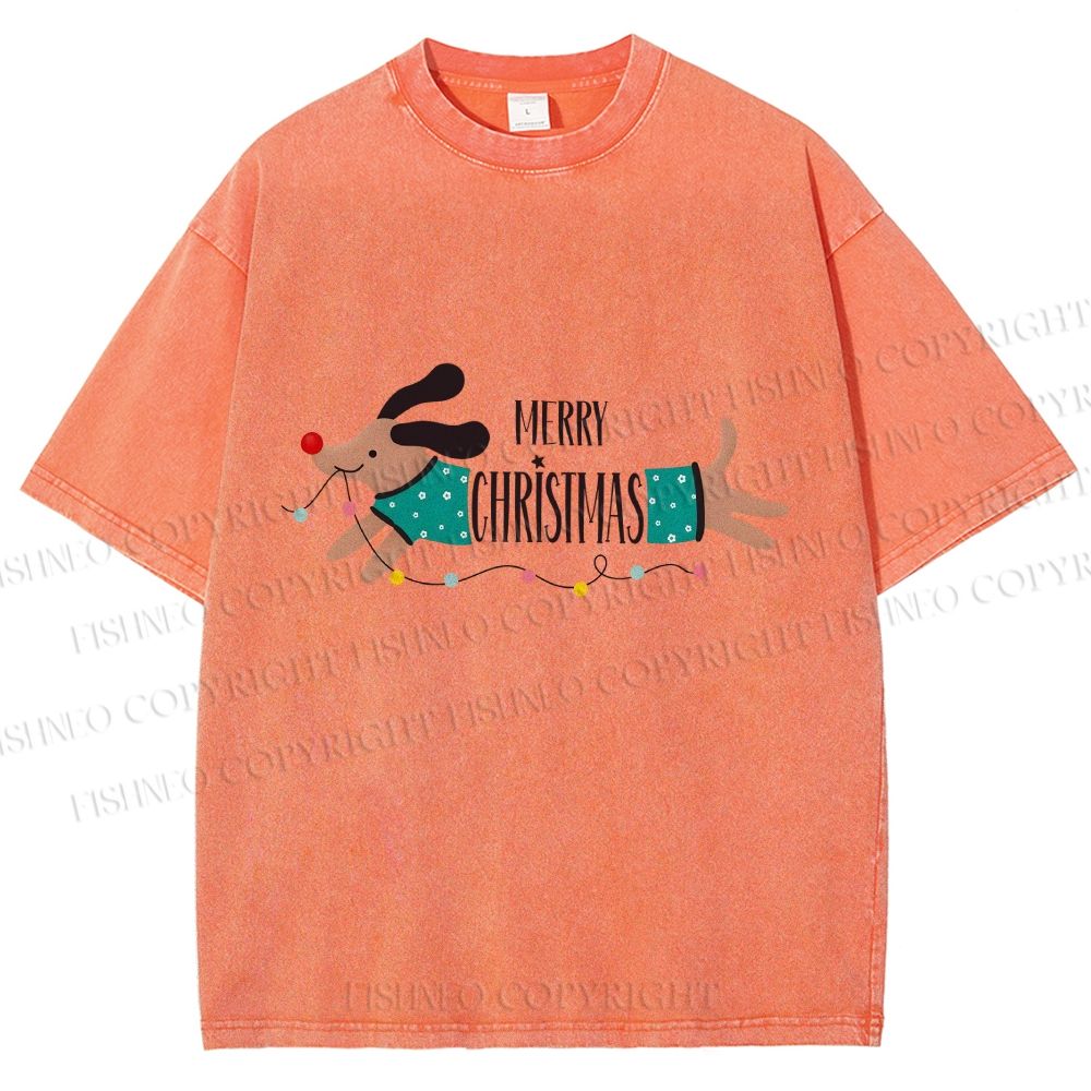 Unisex Dachshund Merry Christmas Printed Washed Tee