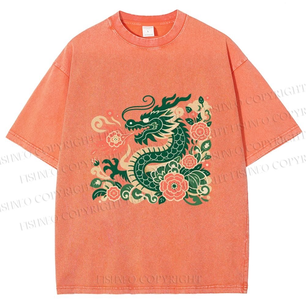 Unisex Vintage Green Dragon Printed Washed Tee