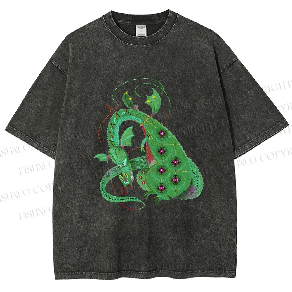 Unisex Green Dragon Cartoon Printed Washed Tee