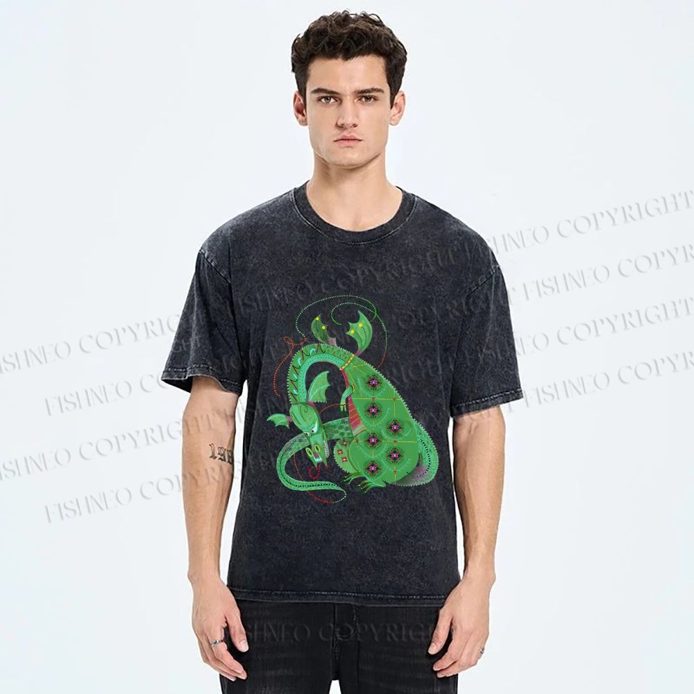 Unisex Green Dragon Cartoon Printed Washed Tee