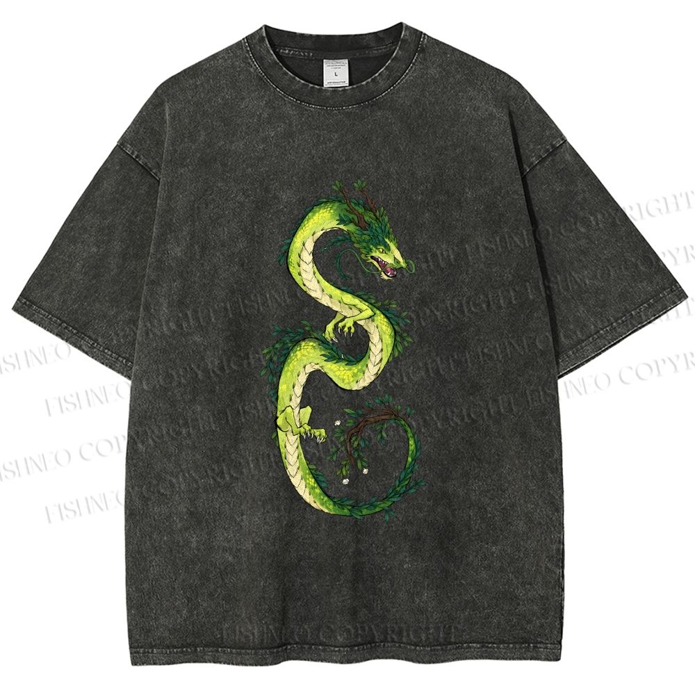 Unisex Green Dragon Printed Washed Tee