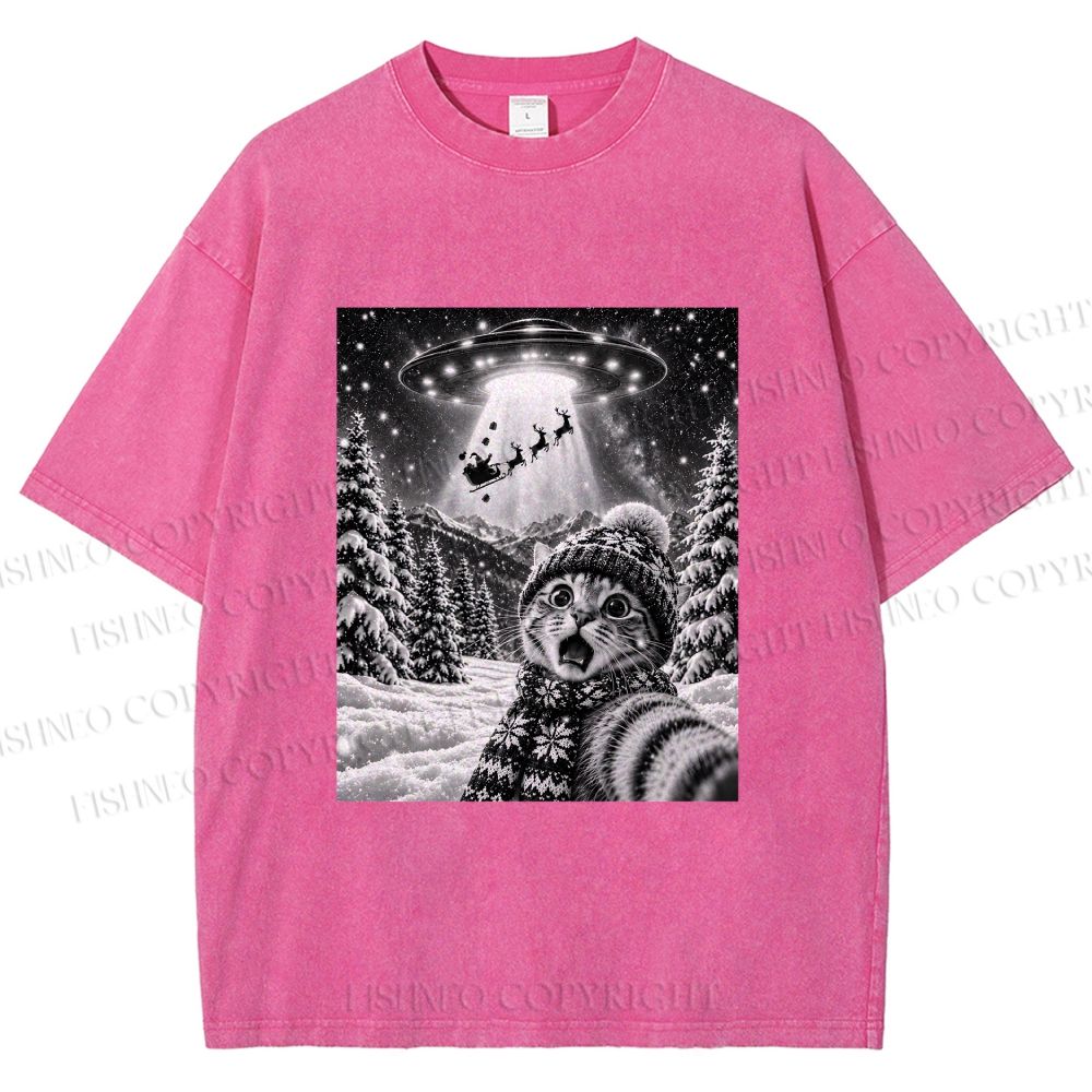 Unisex Christmas Kitty And UFO Printed Washed Tee