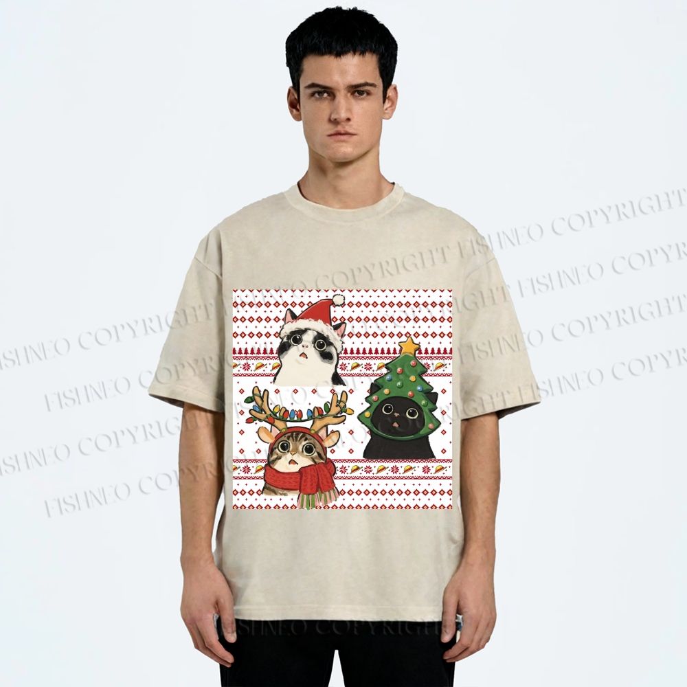 Unisex Funny Christmas Cats Printed Washed Tee