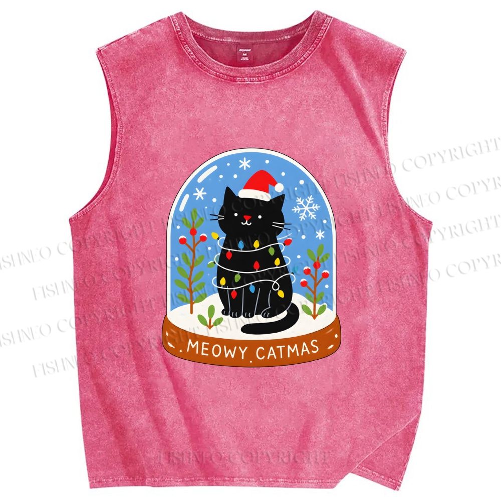 Unisex Black Cat in Christmas Crystal Ball Printed Washed Tank Top