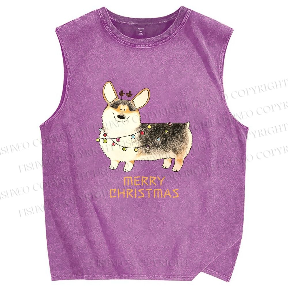 Unisex Chubby Corgi in Christmas Printed Washed Tank Top