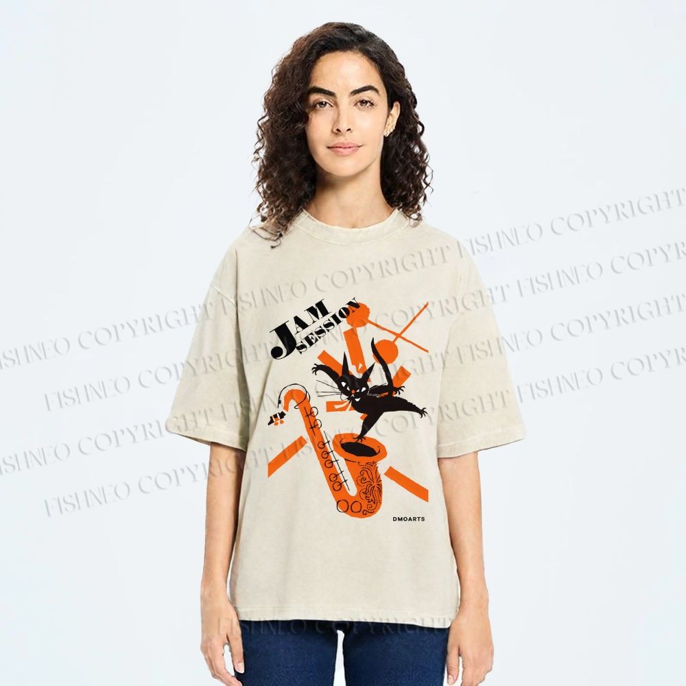 Unisex Jazz Black Cat Printed Washed Tee