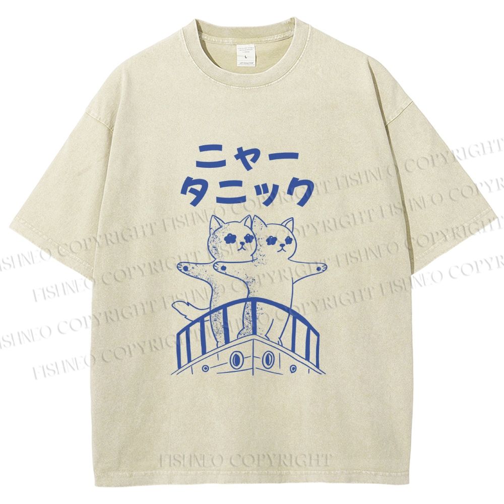 Unisex Meow-Titanic Cats Printed Washed Tee