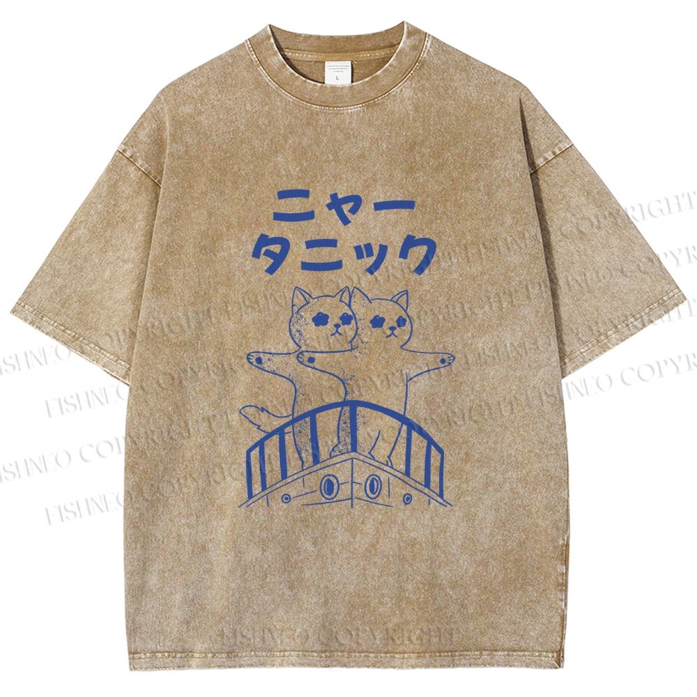 Unisex Meow-Titanic Cats Printed Washed Tee