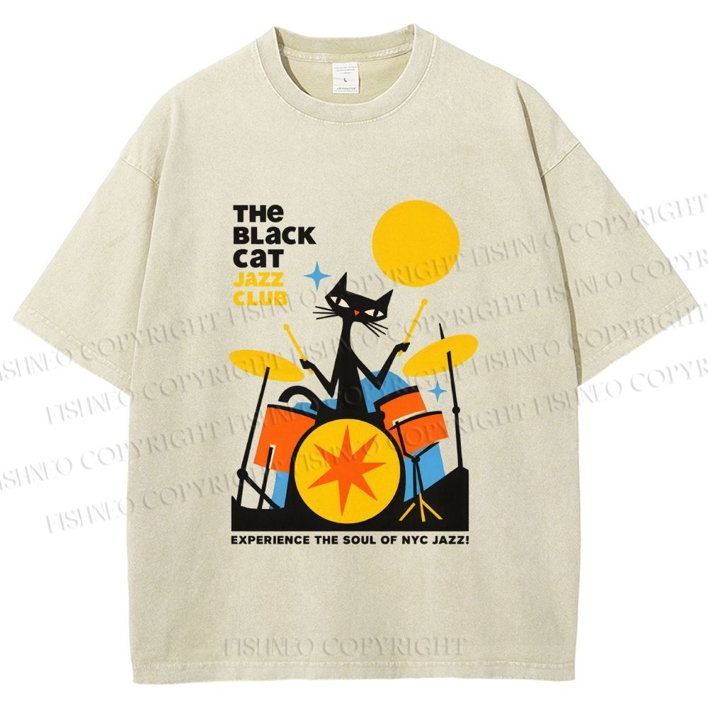 Unisex Black Cat Jazz Club Printed Washed Tee