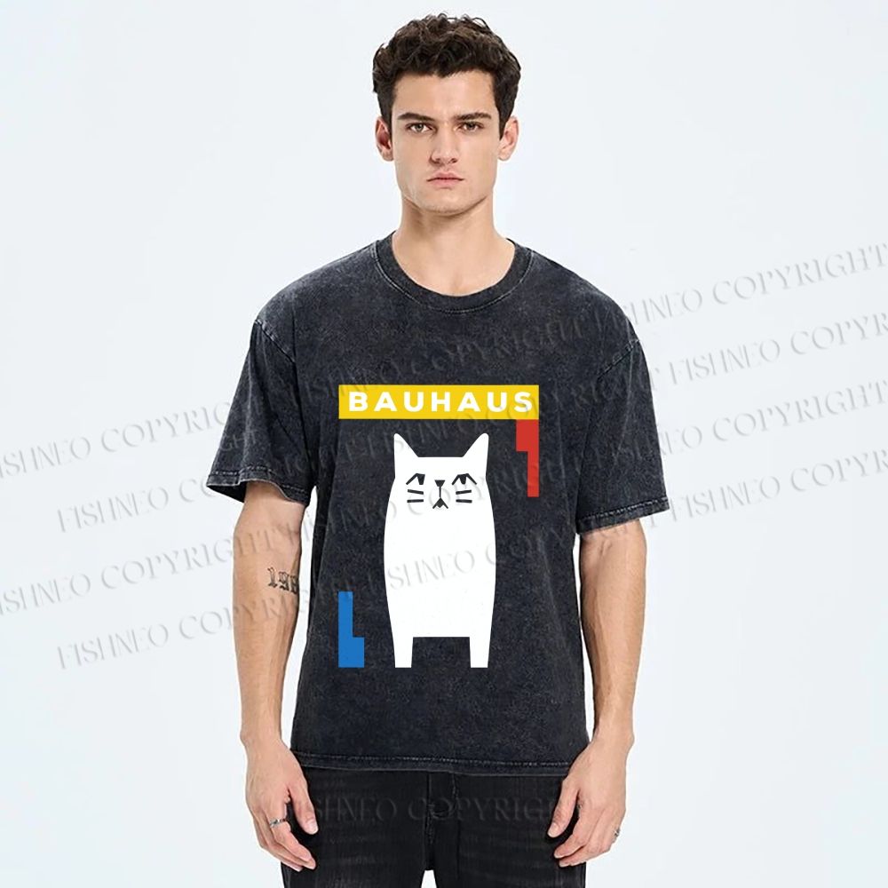 Unisex Bauhaus Cat Printed Washed Tee