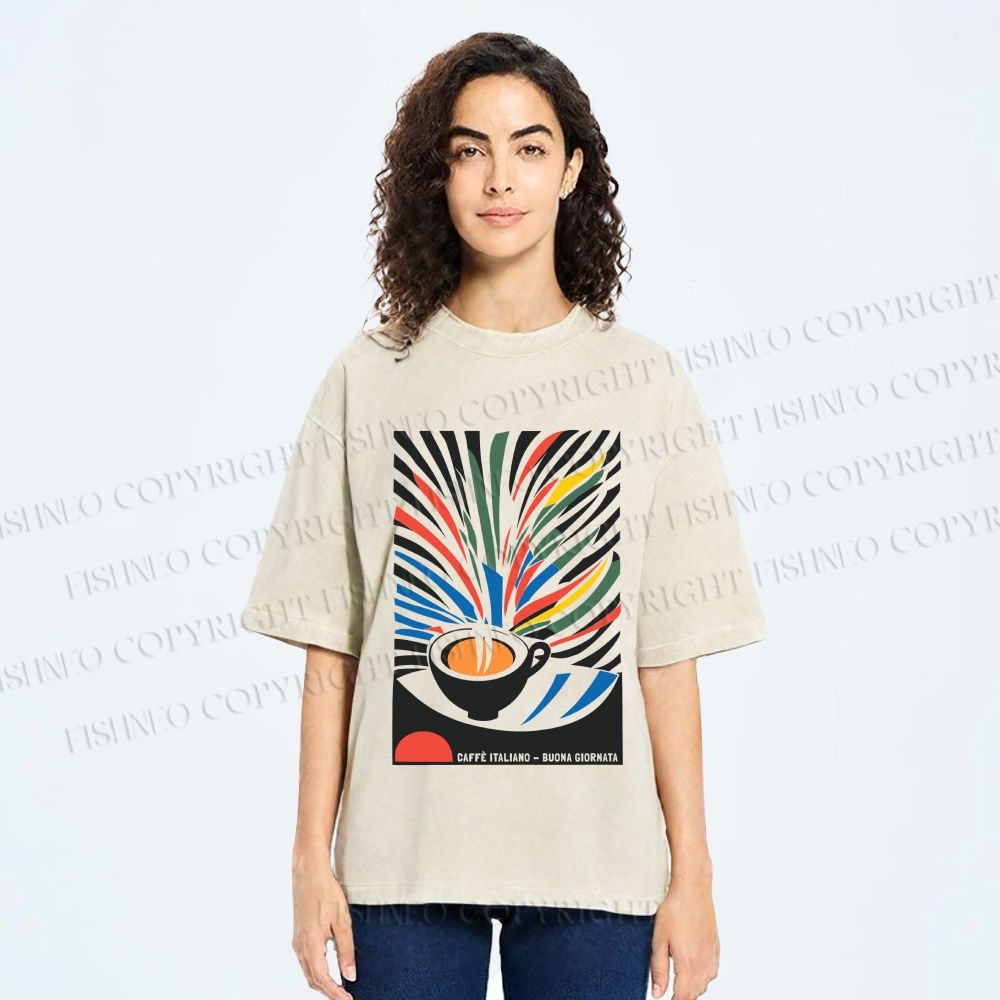 Unisex Pop Art Coffee Printed Washed Tee