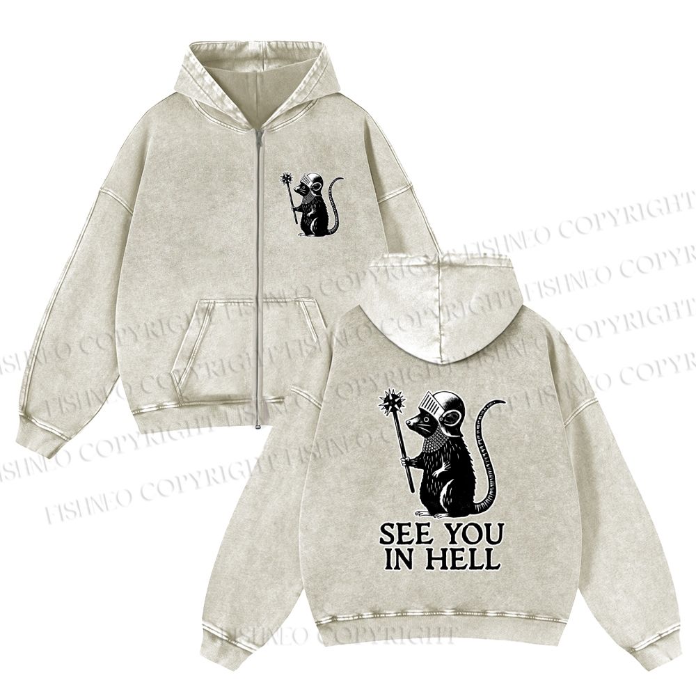 Soldier Rat See You in Hell Garment-washed zip-up hoodie