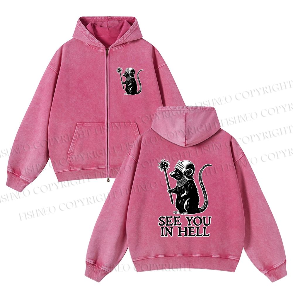 Soldier Rat See You in Hell Garment-washed zip-up hoodie