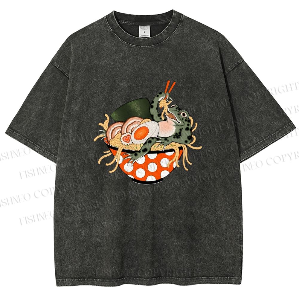 Unisex Vintage Japanese Ramen Frog Printed Washed Tee