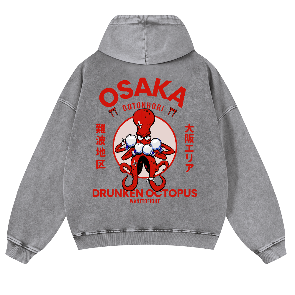 Osaka Drunken Octopus Vintage Washed Cotton Back Art Hoodie
