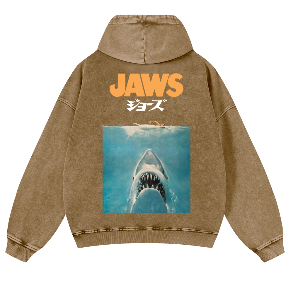 Jaws Shark Vintage Washed Cotton Back Art Hoodie