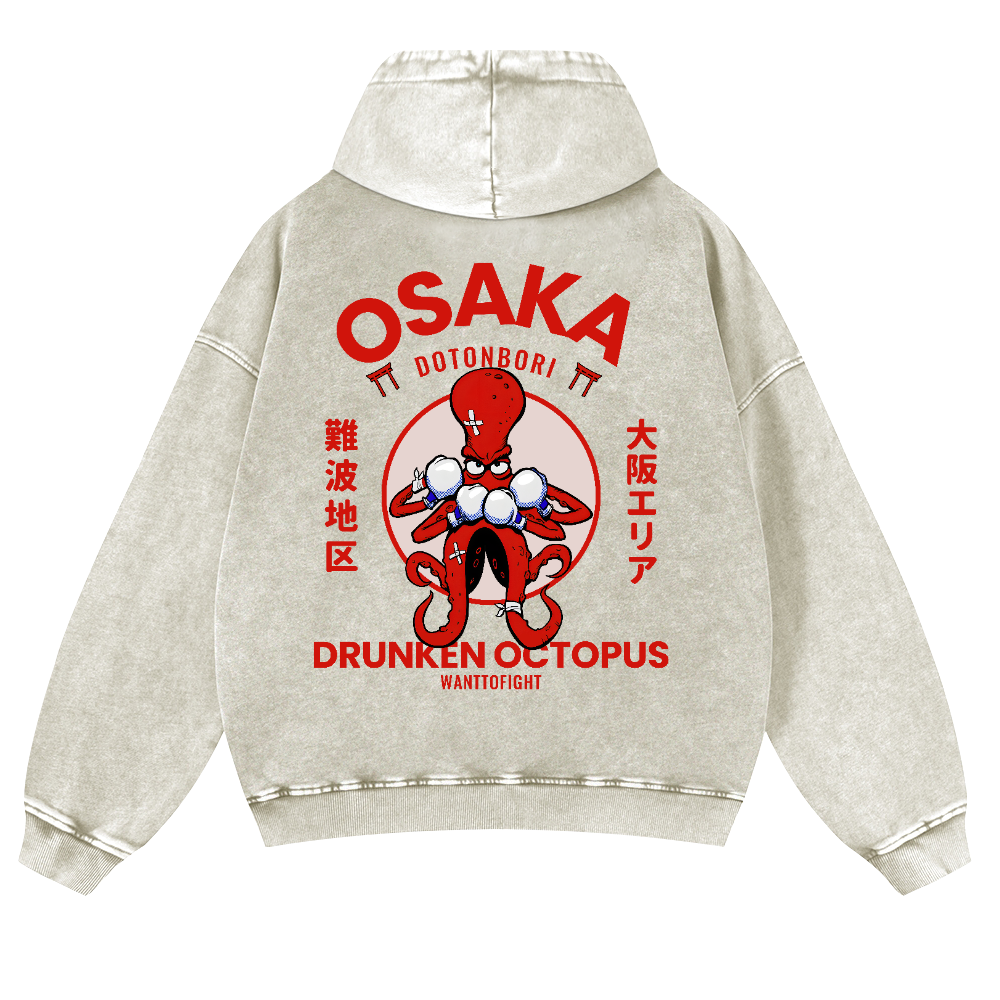 Osaka Drunken Octopus Vintage Washed Cotton Back Art Hoodie