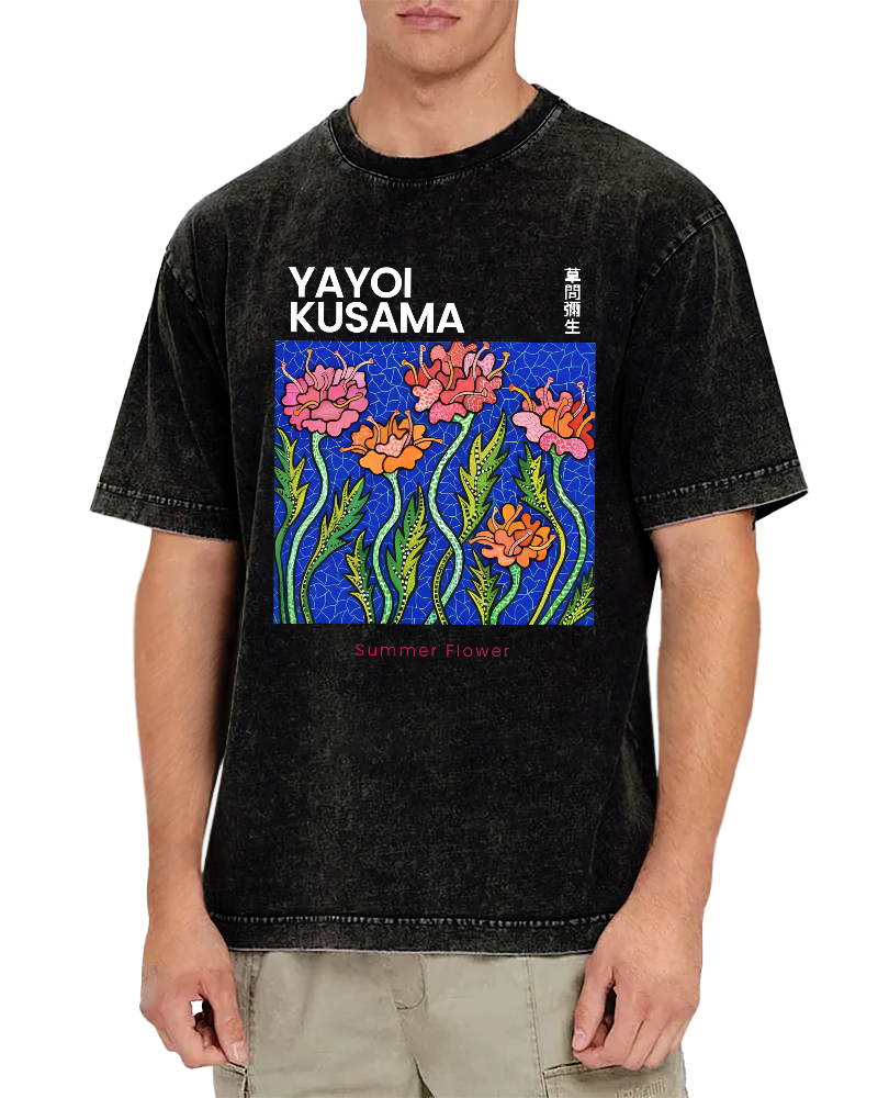 Summer Flower Art Japanese Style Vintage Washed T-shirt