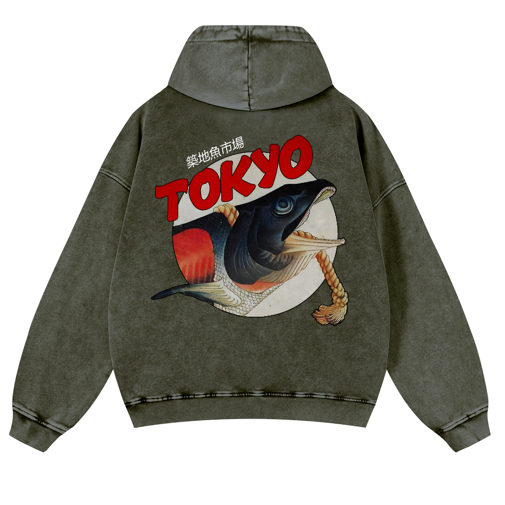 Tsukiji Market Vintage Washed Cotton Back Art Hoodie