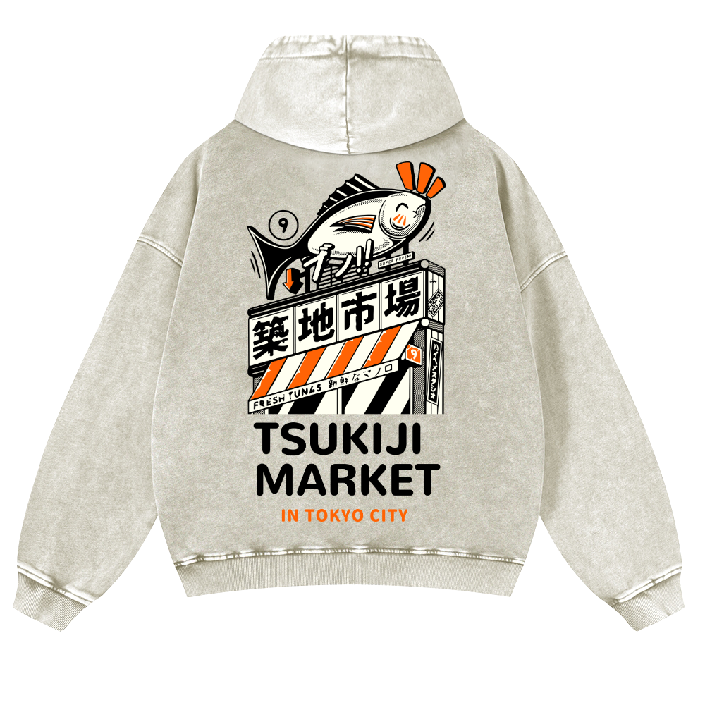 Tsukiji Fish Market Vintage Washed Cotton Back Art Hoodie