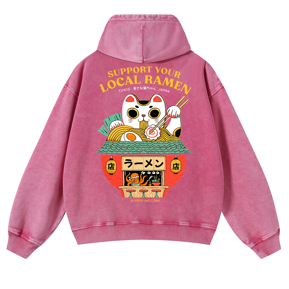 Ramen Lucky Cat Vintage Washed Cotton Back Art Hoodie