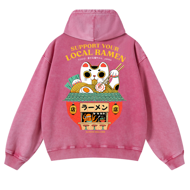 Ramen Lucky Cat Vintage Washed Cotton Back Art Hoodie