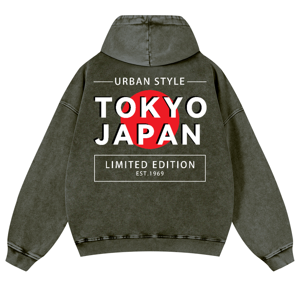 Tokyo Japan Vintage Washed Cotton Back Art Hoodie