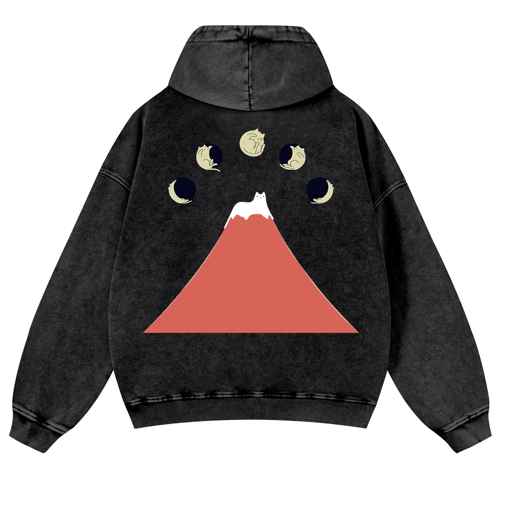 Mount Fuji Cat Moon Vintage Washed Cotton Back Art Hoodie