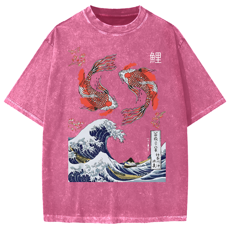 Yin Yang The Great Wave Off Koi Fish Japanese Art Vintage Washed T-shirt