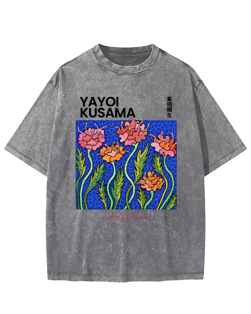 Summer Flower Art Japanese Style Vintage Washed T-shirt